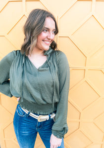 Olive Peasant Cropped Blouse