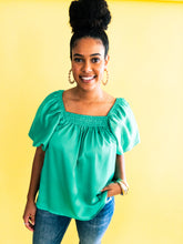 Load image into Gallery viewer, Green Satin Puff Sleeve Top