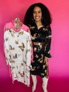 Satin Cheetah Blouse Midi Dresses