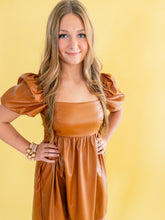 Load image into Gallery viewer, Camel Faux Leather Puff Sleeve Dress