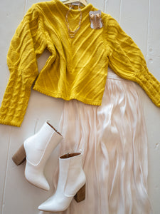 Cream Iridescent Pleated Ankle Length Skirt